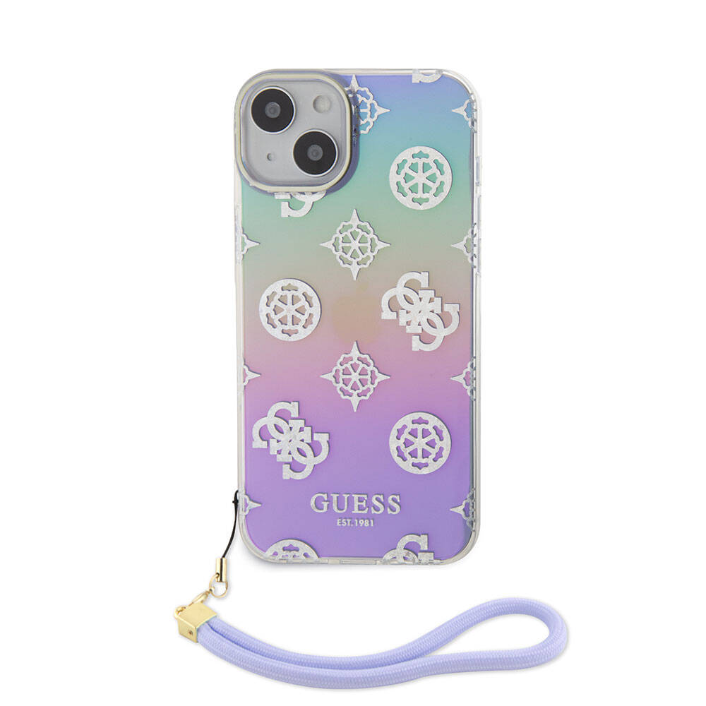 iPhone 15 Plus Kılıf Guess Orijinal Lisanslı Desenli Yazı Logolu Askı İpli Holografik Glitter Peony Kılıf