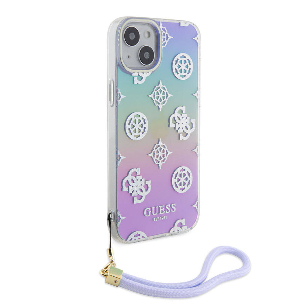 iPhone 15 Plus Kılıf Guess Orijinal Lisanslı Desenli Yazı Logolu Askı İpli Holografik Glitter Peony Kılıf