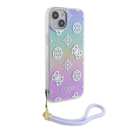 iPhone 15 Plus Kılıf Guess Orijinal Lisanslı Desenli Yazı Logolu Askı İpli Holografik Glitter Peony Kılıf