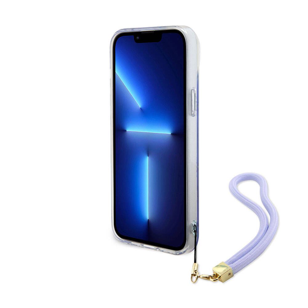 iPhone 15 Plus Kılıf Guess Orijinal Lisanslı Desenli Yazı Logolu Askı İpli Holografik Glitter Peony Kılıf
