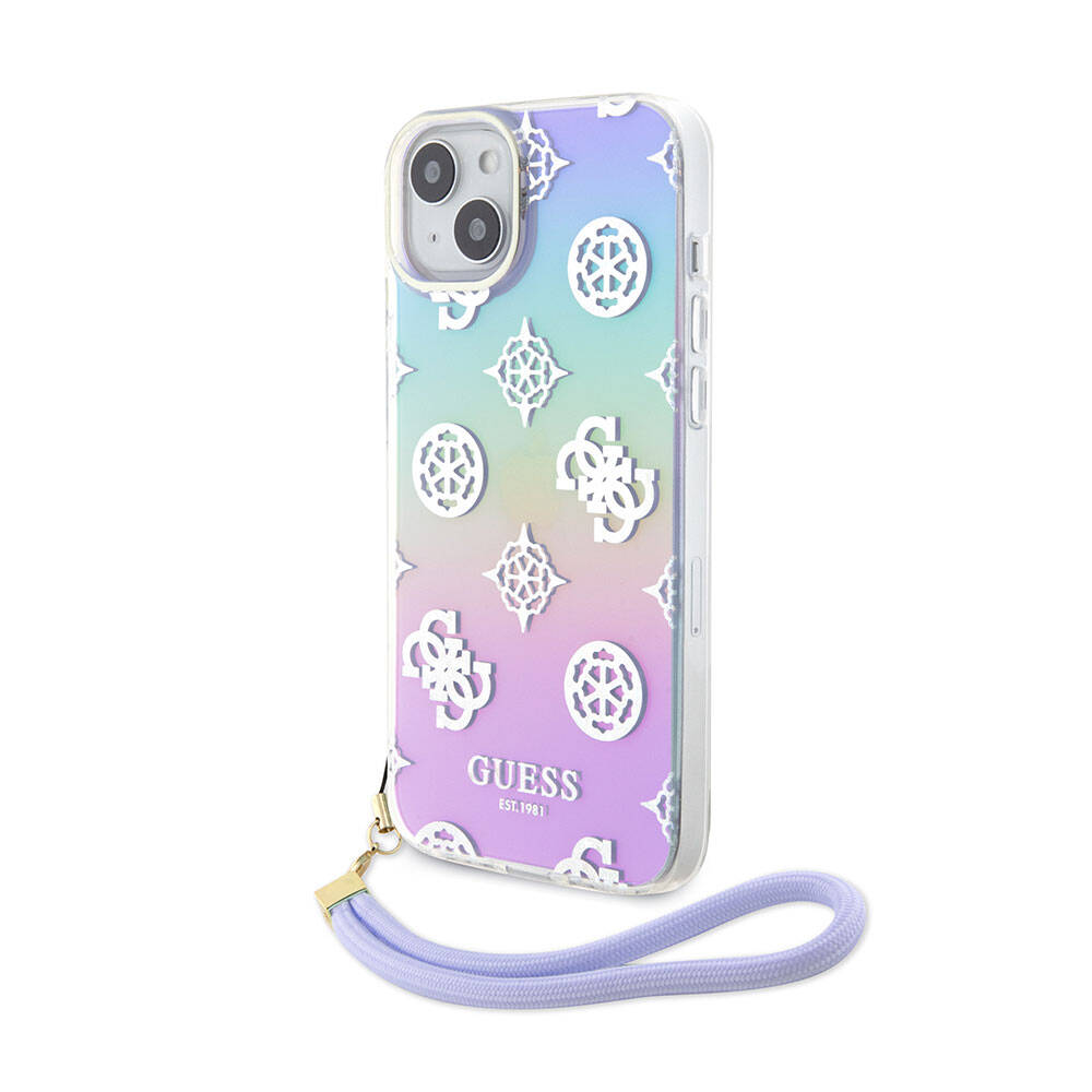 iPhone 15 Plus Kılıf Guess Orijinal Lisanslı Desenli Yazı Logolu Askı İpli Holografik Glitter Peony Kılıf