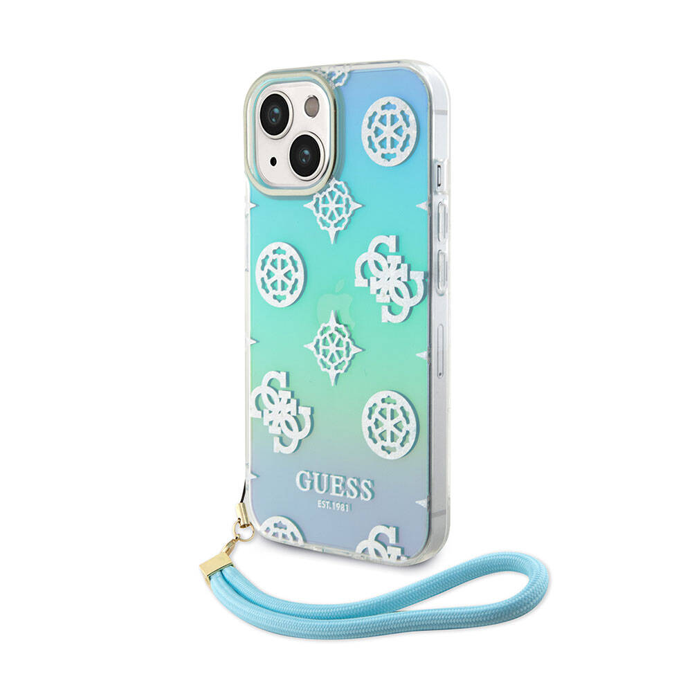 iPhone 15 Plus Kılıf Guess Orijinal Lisanslı Desenli Yazı Logolu Askı İpli Holografik Glitter Peony Kılıf