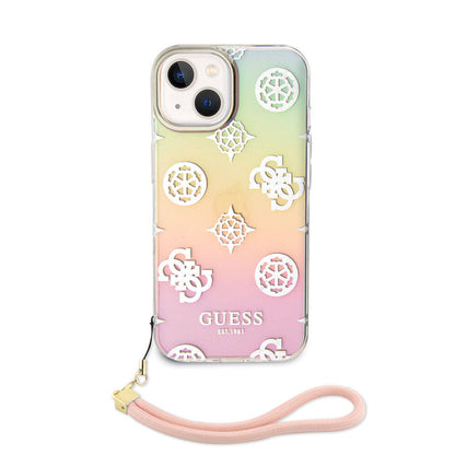 iPhone 15 Plus Kılıf Guess Orijinal Lisanslı Desenli Yazı Logolu Askı İpli Holografik Glitter Peony Kılıf