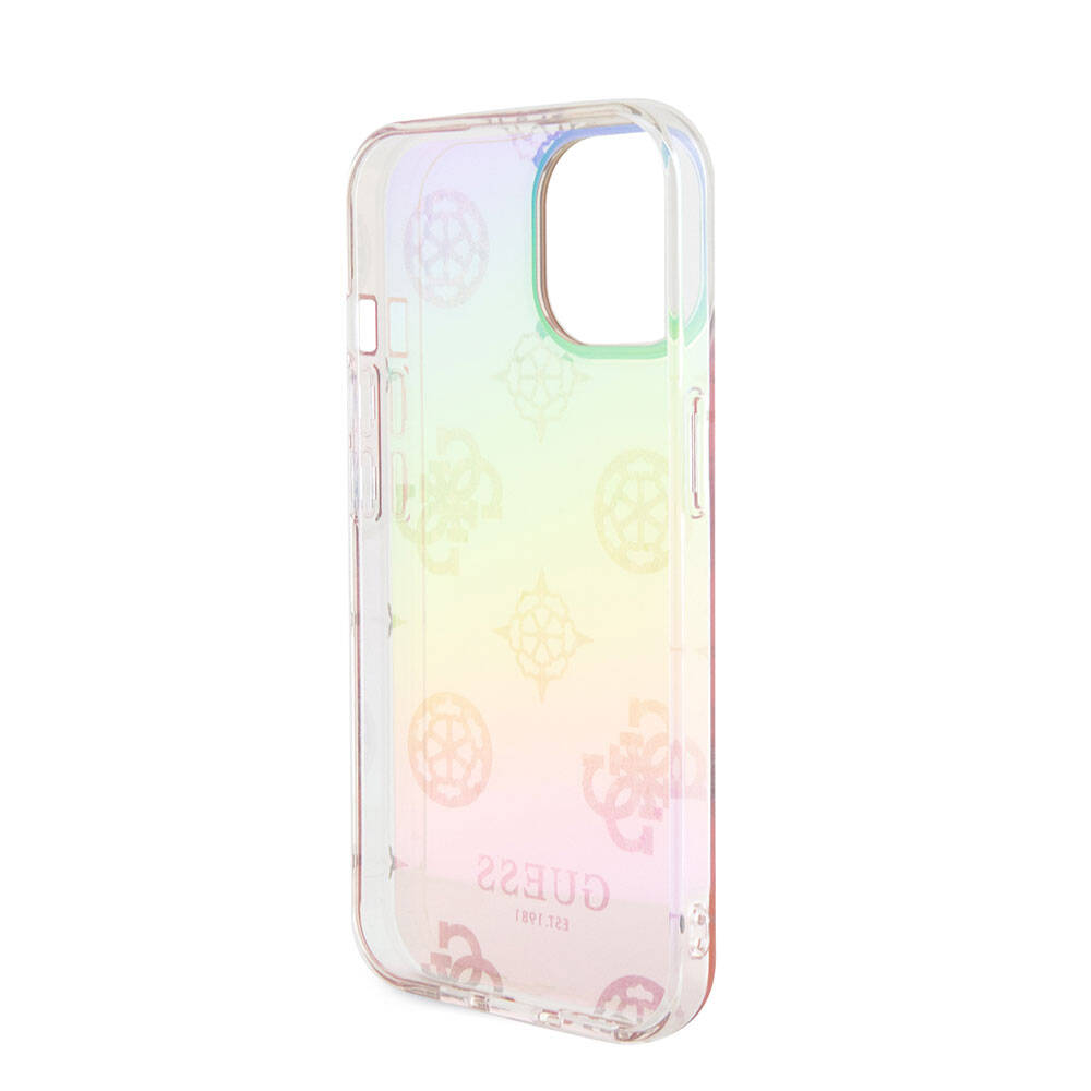 iPhone 15 Plus Kılıf Guess Orijinal Lisanslı Desenli Yazı Logolu Askı İpli Holografik Glitter Peony Kılıf