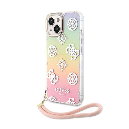 iPhone 15 Plus Kılıf Guess Orijinal Lisanslı Desenli Yazı Logolu Askı İpli Holografik Glitter Peony Kılıf