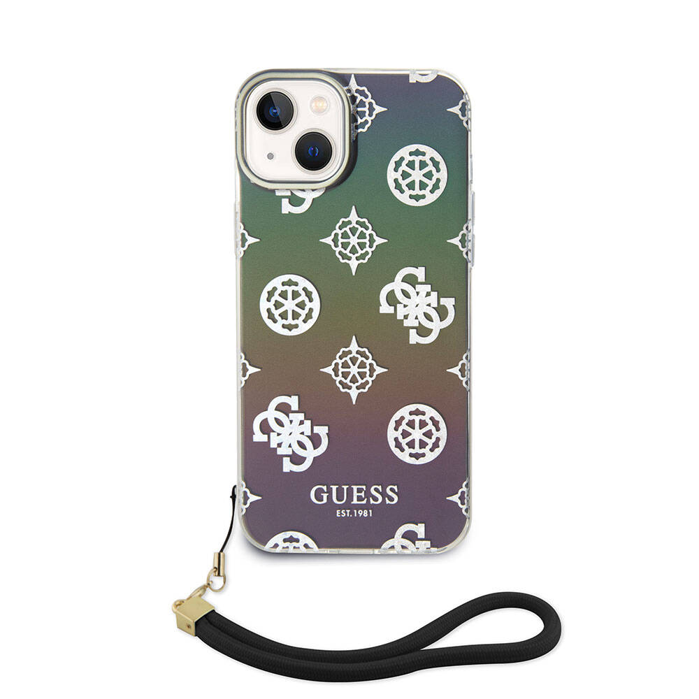 iPhone 15 Plus Kılıf Guess Orijinal Lisanslı Desenli Yazı Logolu Askı İpli Holografik Glitter Peony Kılıf