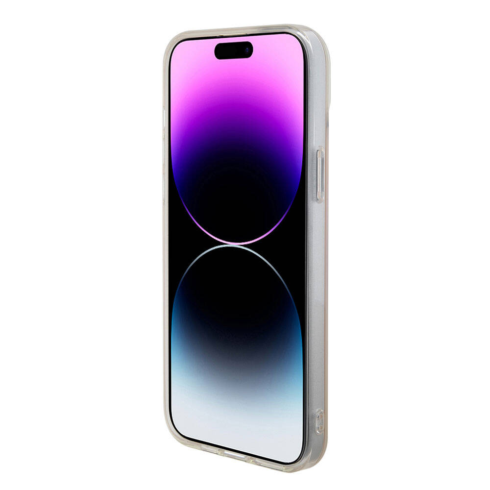 iPhone 15 Plus Kılıf Guess Orijinal Lisanslı M-safe Şarj Özellikli Yazı Logolu Iridescent Kılıf