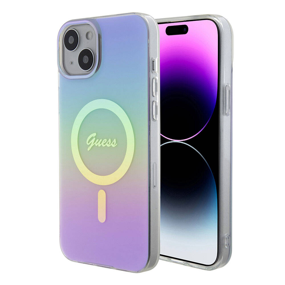 iPhone 15 Plus Kılıf Guess Orijinal Lisanslı M-safe Şarj Özellikli Yazı Logolu Iridescent Kılıf