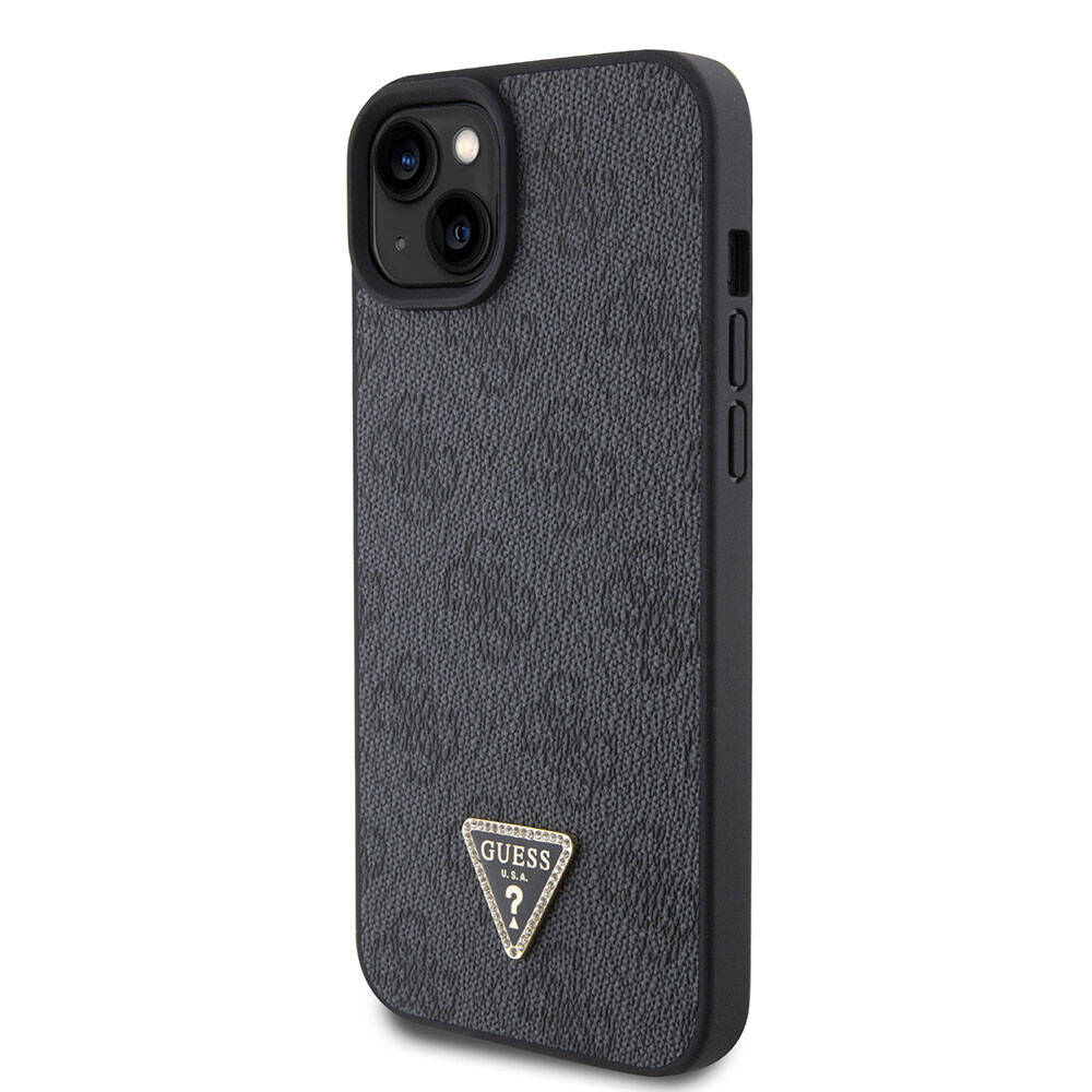 iPhone 15 Plus Kılıf Guess Orijinal Lisanslı PU Deri Askılı Taşlı Üçgen Logo 4G Desenli Strass Crossbody Kılıf