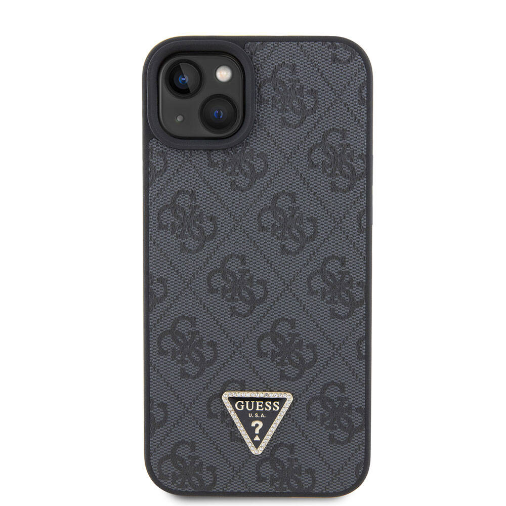 iPhone 15 Plus Kılıf Guess Orijinal Lisanslı PU Deri Askılı Taşlı Üçgen Logo 4G Desenli Strass Crossbody Kılıf