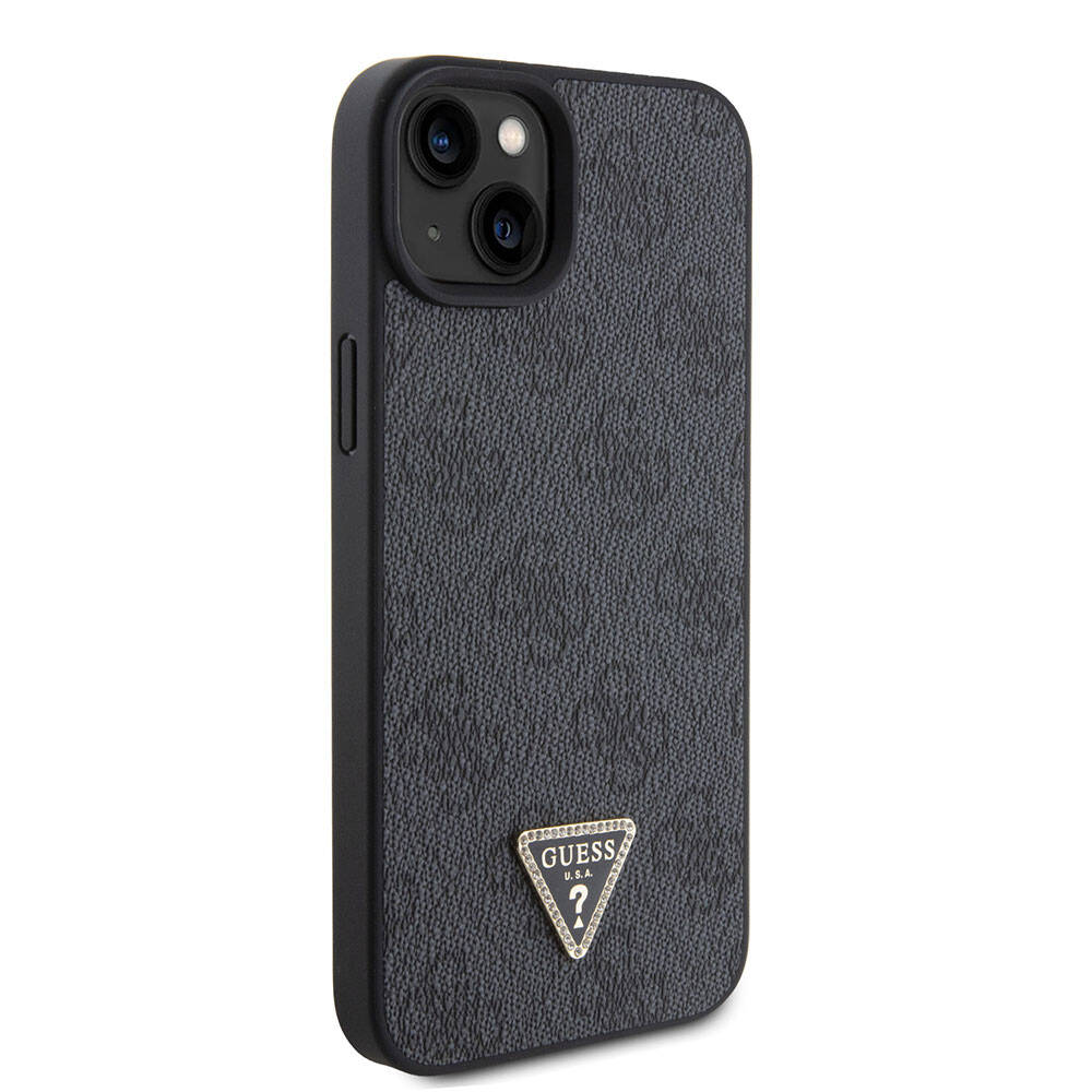 iPhone 15 Plus Kılıf Guess Orijinal Lisanslı PU Deri Askılı Taşlı Üçgen Logo 4G Desenli Strass Crossbody Kılıf