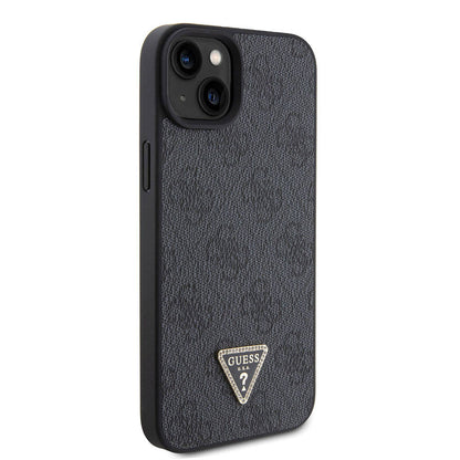 iPhone 15 Plus Kılıf Guess Orijinal Lisanslı PU Deri Askılı Taşlı Üçgen Logo 4G Desenli Strass Crossbody Kılıf