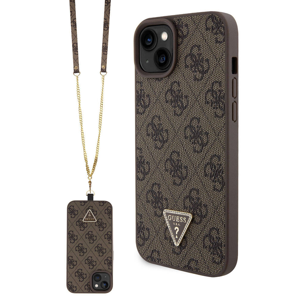 iPhone 15 Plus Kılıf Guess Orijinal Lisanslı PU Deri Askılı Taşlı Üçgen Logo 4G Desenli Strass Crossbody Kılıf