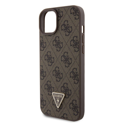 iPhone 15 Plus Kılıf Guess Orijinal Lisanslı PU Deri Askılı Taşlı Üçgen Logo 4G Desenli Strass Crossbody Kılıf