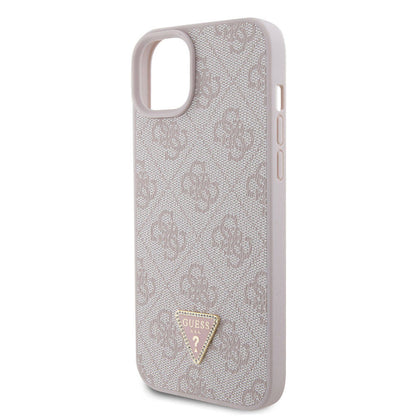 iPhone 15 Plus Kılıf Guess Orijinal Lisanslı PU Deri Taşlı Üçgen Logo 4G Desenli Kılıf