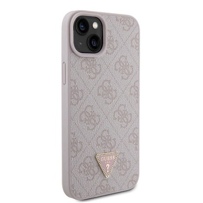 iPhone 15 Plus Kılıf Guess Orijinal Lisanslı PU Deri Taşlı Üçgen Logo 4G Desenli Kılıf
