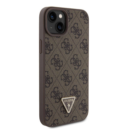 iPhone 15 Plus Kılıf Guess Orijinal Lisanslı PU Deri Taşlı Üçgen Logo 4G Desenli Strass Kılıf