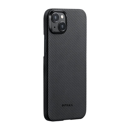 iPhone 15 Plus Kılıf M-safe Şarj Özellikli 600D Aramid Fiber Pitaka Ultra-Slim Classic Serisi Black-Grey Twill Kılıf