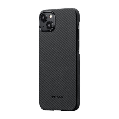 iPhone 15 Plus Kılıf M-safe Şarj Özellikli 600D Aramid Fiber Pitaka Ultra-Slim Classic Serisi Black-Grey Twill Kılıf