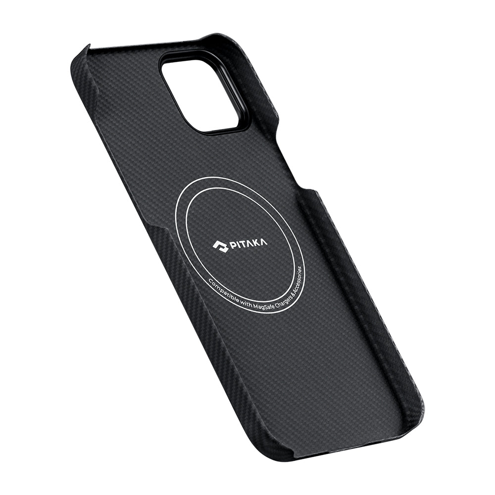 iPhone 15 Plus Kılıf M-safe Şarj Özellikli 600D Aramid Fiber Pitaka Ultra-Slim Classic Serisi Black-Grey Twill Kılıf