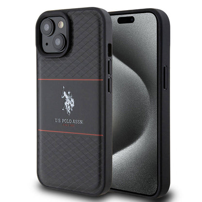 iPhone 15 Plus Kılıf U.S. Polo Assn. orijinal Lisanslı Deri Şeritli Logo Dizayn Kılıf