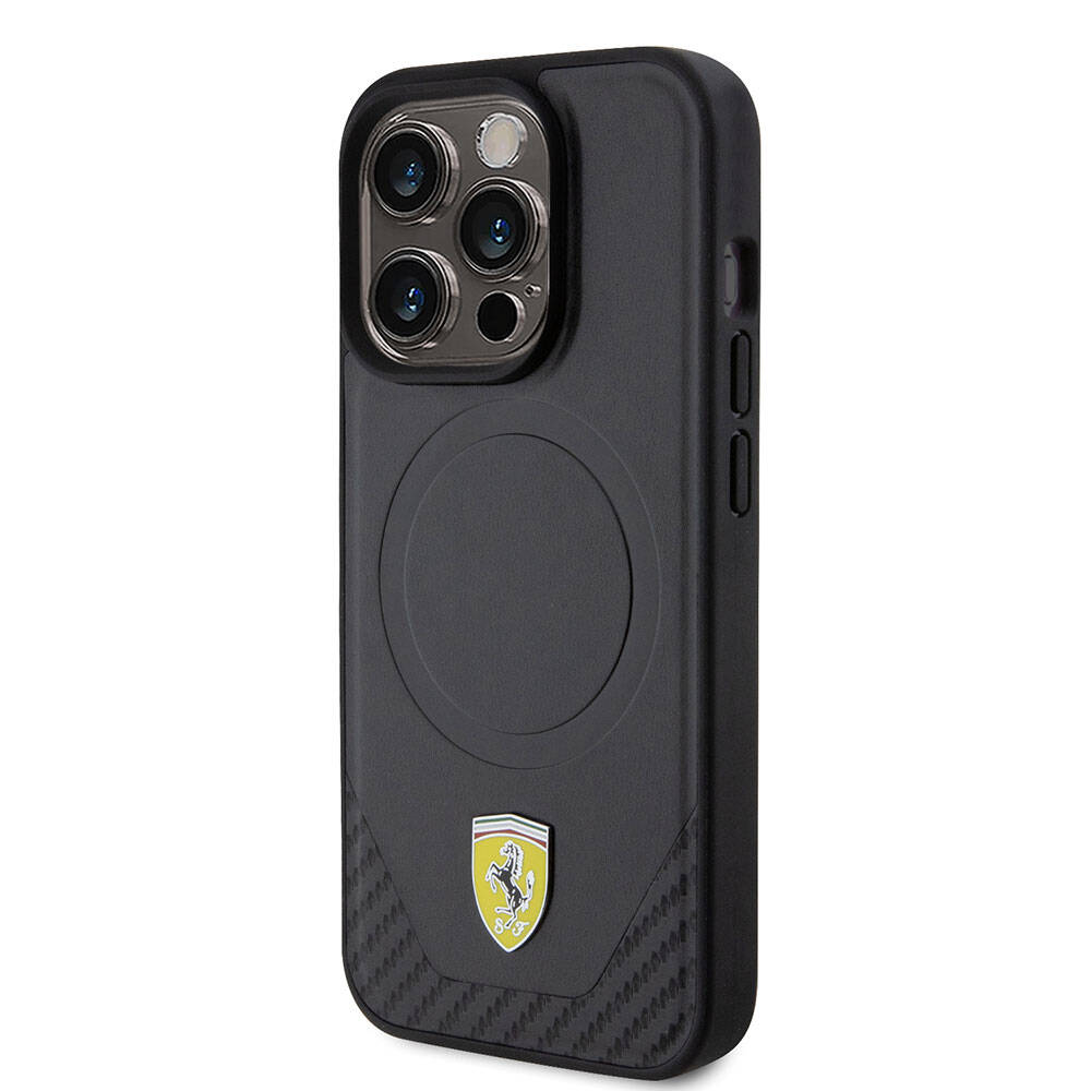 iPhone 15 Pro Kılıf Ferrari Orijinal Lisanslı M-safe Şarj Özellikli Metal Logolu PU Karbon Kılıf