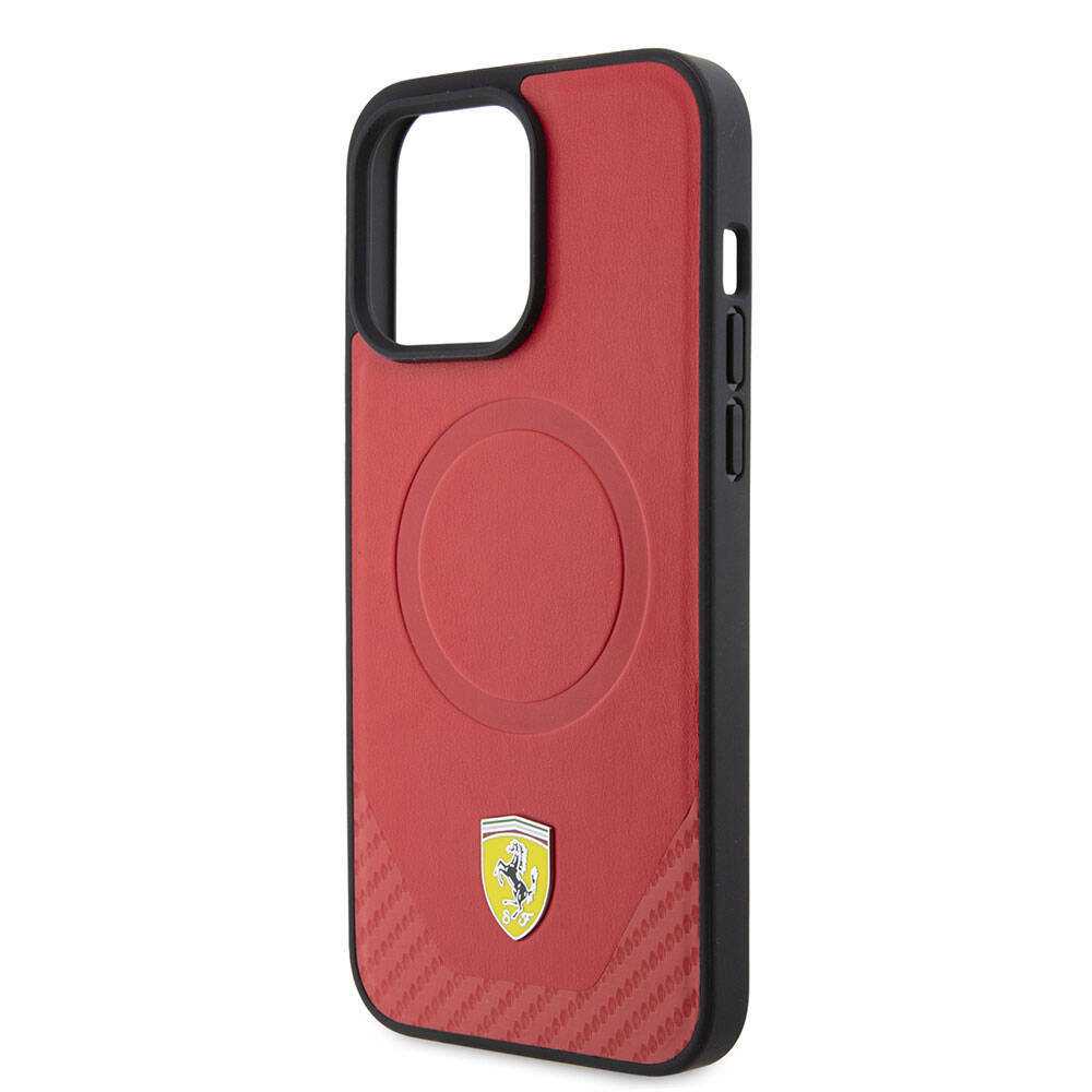 iPhone 15 Pro Kılıf Ferrari Orijinal Lisanslı M-safe Şarj Özellikli Metal Logolu PU Karbon Kılıf