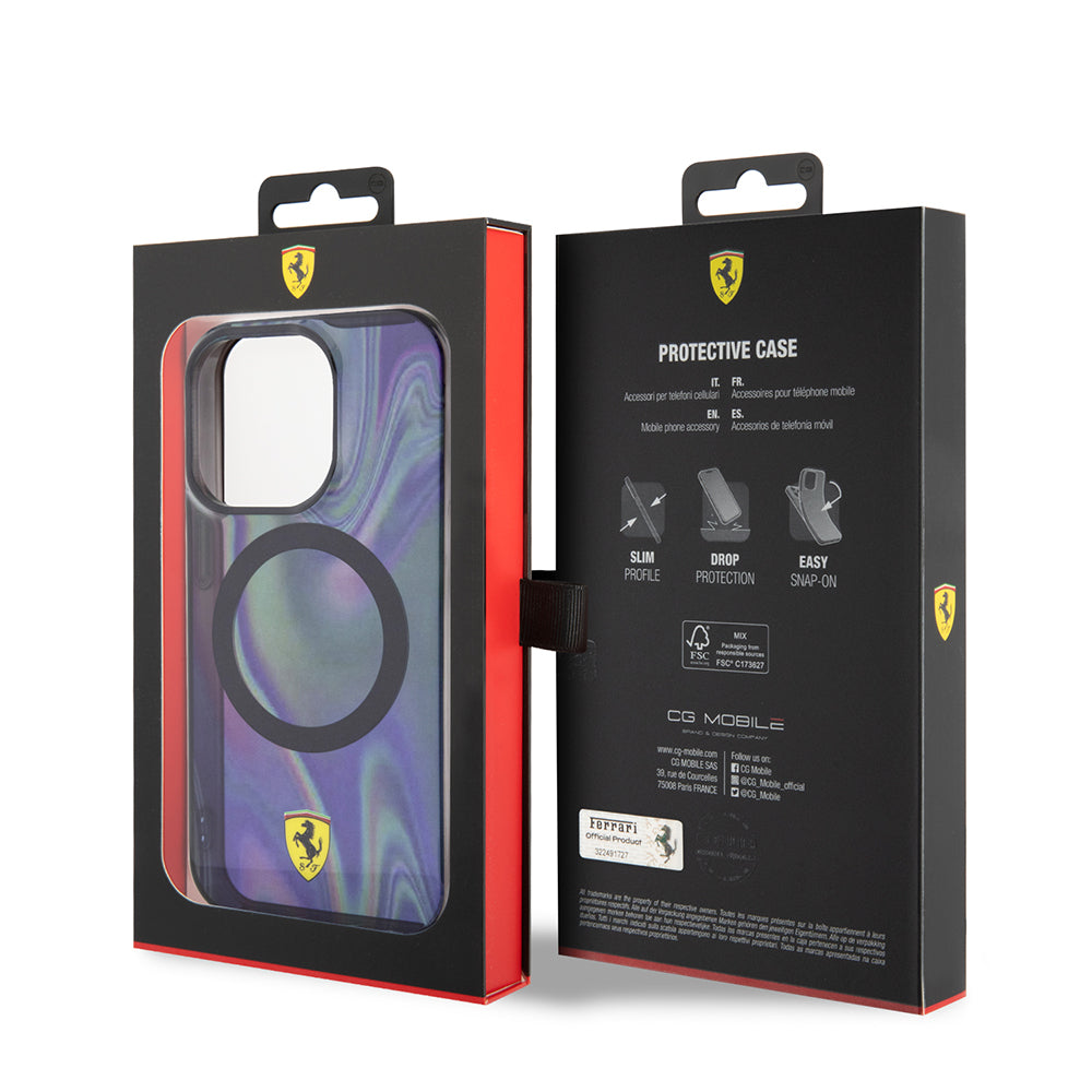 iPhone 15 Pro Kılıf Ferrari Orijinal Lisanslı M-safe Şarj Özellikli Transparan Renk Geçişli Iridescent Kılıf