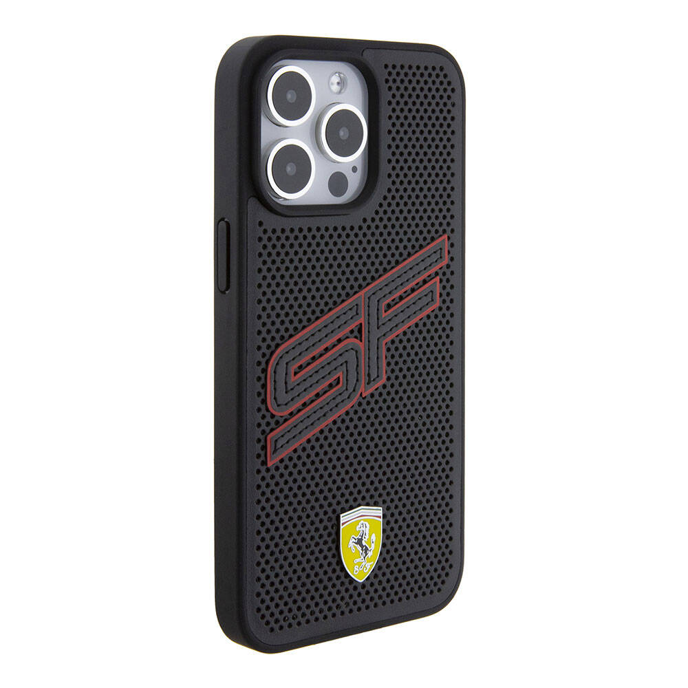 iPhone 15 Pro Kılıf Ferrari Orijinal Lisanslı PU Delikli Arka Yüzey Metal Logolu Dikişli Büyük SF Yazılı Kılıf