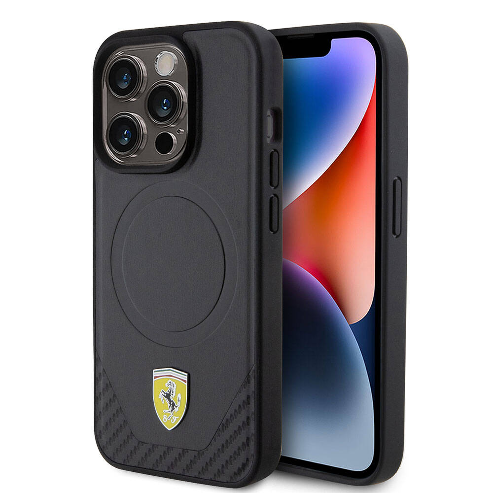 iPhone 15 Pro Kılıf Ferrari orijinal Lisanslı M-safe Şarj Özellikli Metal Logolu PU Karbon Kılıf