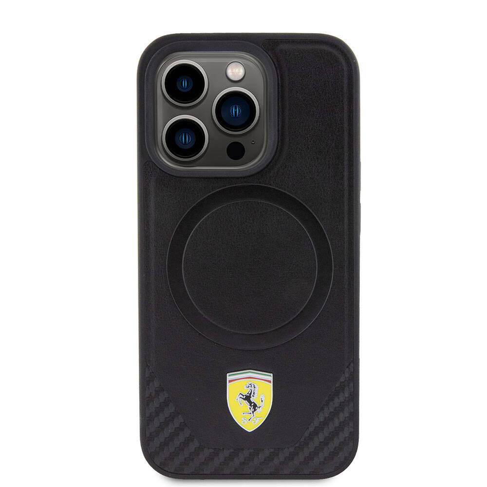 iPhone 15 Pro Kılıf Ferrari orijinal Lisanslı M-safe Şarj Özellikli Metal Logolu PU Karbon Kılıf