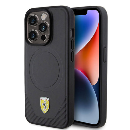 iPhone 15 Pro Kılıf Ferrari orijinal Lisanslı M-safe Şarj Özellikli Metal Logolu PU Karbon Kılıf
