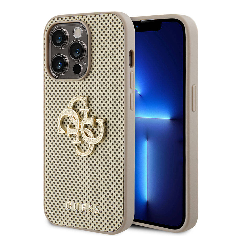 iPhone 15 Pro Kılıf Guess Orijinal Lisanslı Delikli Yazı ve 4G Glitter Büyük Metal Logolu Kılıf