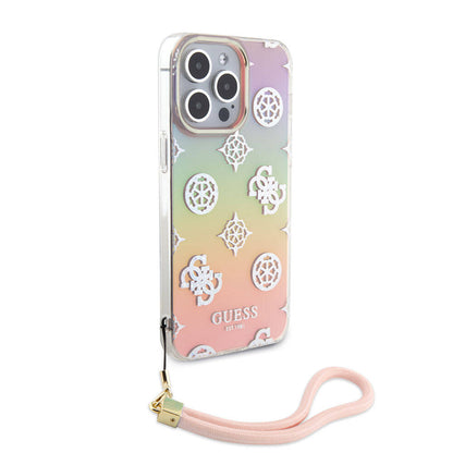 iPhone 15 Pro Kılıf Guess Orijinal Lisanslı Desenli Yazı Logolu Askı İpli Holografik Glitter Peony Kılıf