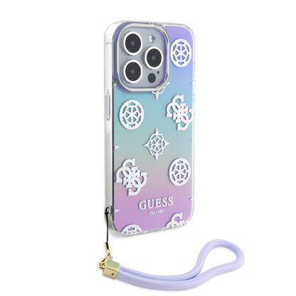 iPhone 15 Pro Kılıf Guess Orijinal Lisanslı Desenli Yazı Logolu Askı İpli Holografik Glitter Peony Kılıf