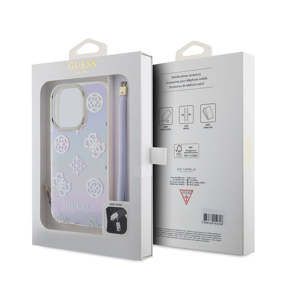 iPhone 15 Pro Kılıf Guess Orijinal Lisanslı Desenli Yazı Logolu Askı İpli Holografik Glitter Peony Kılıf