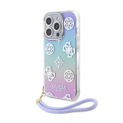 iPhone 15 Pro Kılıf Guess Orijinal Lisanslı Desenli Yazı Logolu Askı İpli Holografik Glitter Peony Kılıf