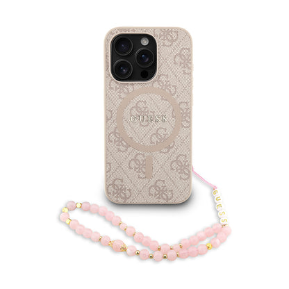 iPhone 15 Pro Kılıf Guess Orijinal Lisanslı M-safe Şarj Özellikli PU Deri Bilek Askı İpli Yazı Logolu Kılıf