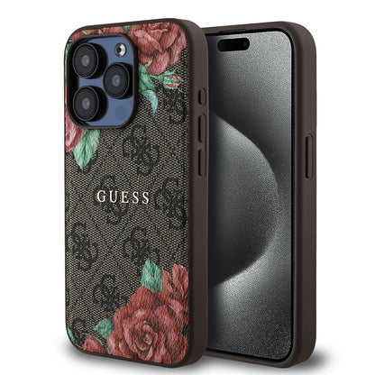 iPhone 15 Pro Kılıf Guess Orijinal Lisanslı M-safe Şarj Özellikli Gül Baskılı 4G Desenli Yazı Logolu Kılıf