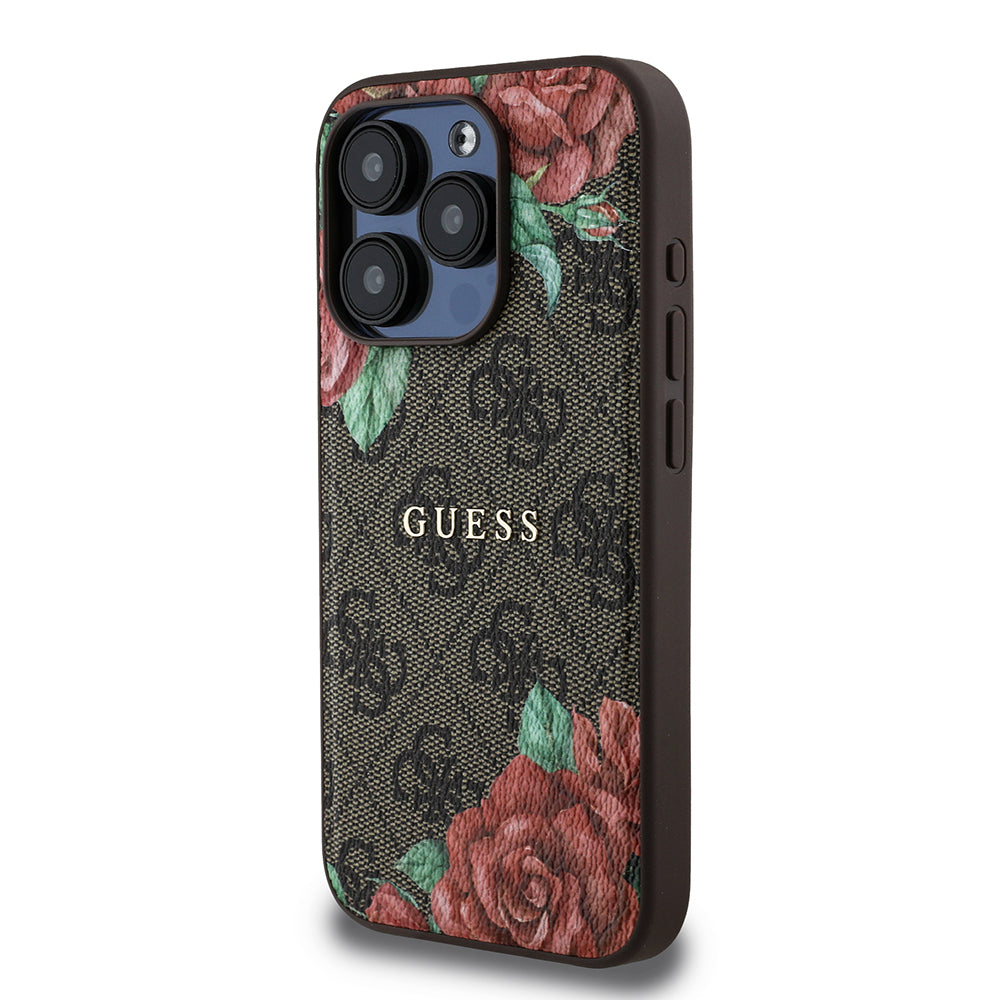 iPhone 15 Pro Kılıf Guess Orijinal Lisanslı M-safe Şarj Özellikli Gül Baskılı 4G Desenli Yazı Logolu Kılıf