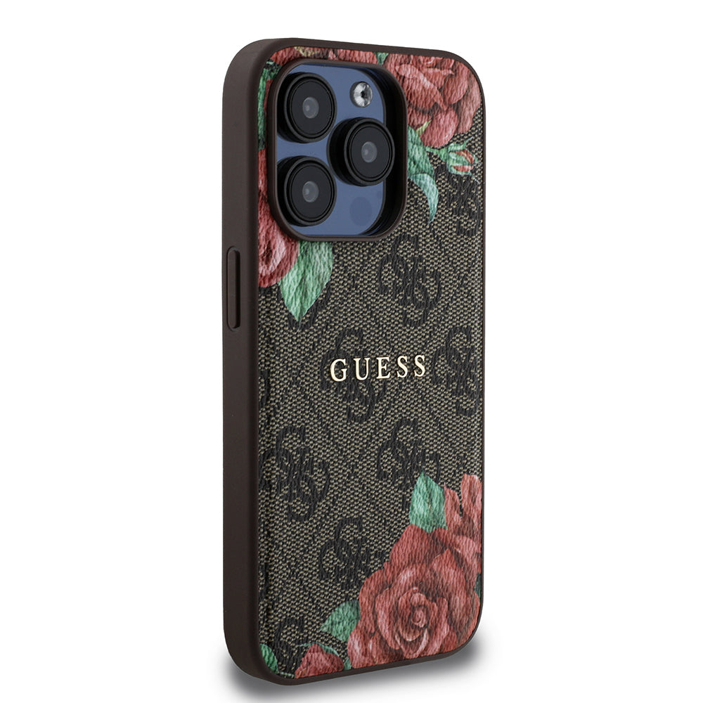 iPhone 15 Pro Kılıf Guess Orijinal Lisanslı M-safe Şarj Özellikli Gül Baskılı 4G Desenli Yazı Logolu Kılıf