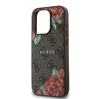 iPhone 15 Pro Kılıf Guess Orijinal Lisanslı M-safe Şarj Özellikli Gül Baskılı 4G Desenli Yazı Logolu Kılıf