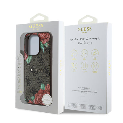 iPhone 15 Pro Kılıf Guess Orijinal Lisanslı M-safe Şarj Özellikli Gül Baskılı 4G Desenli Yazı Logolu Kılıf