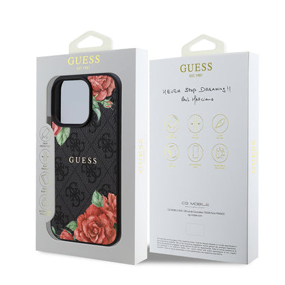 iPhone 15 Pro Kılıf Guess Orijinal Lisanslı M-safe Şarj Özellikli Gül Baskılı 4G Desenli Yazı Logolu Kılıf