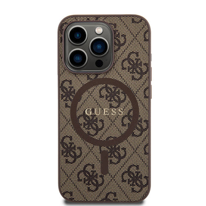 iPhone 15 Pro Kılıf Guess Orijinal Lisanslı M-safe Şarj Özellikli PU Halkalı 4G Desenli Yazı Logolu Kılıf