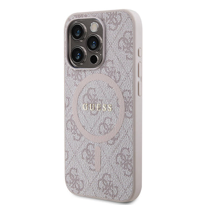 iPhone 15 Pro Kılıf Guess Orijinal Lisanslı M-safe Şarj Özellikli PU Halkalı 4G Desenli Yazı Logolu Kılıf