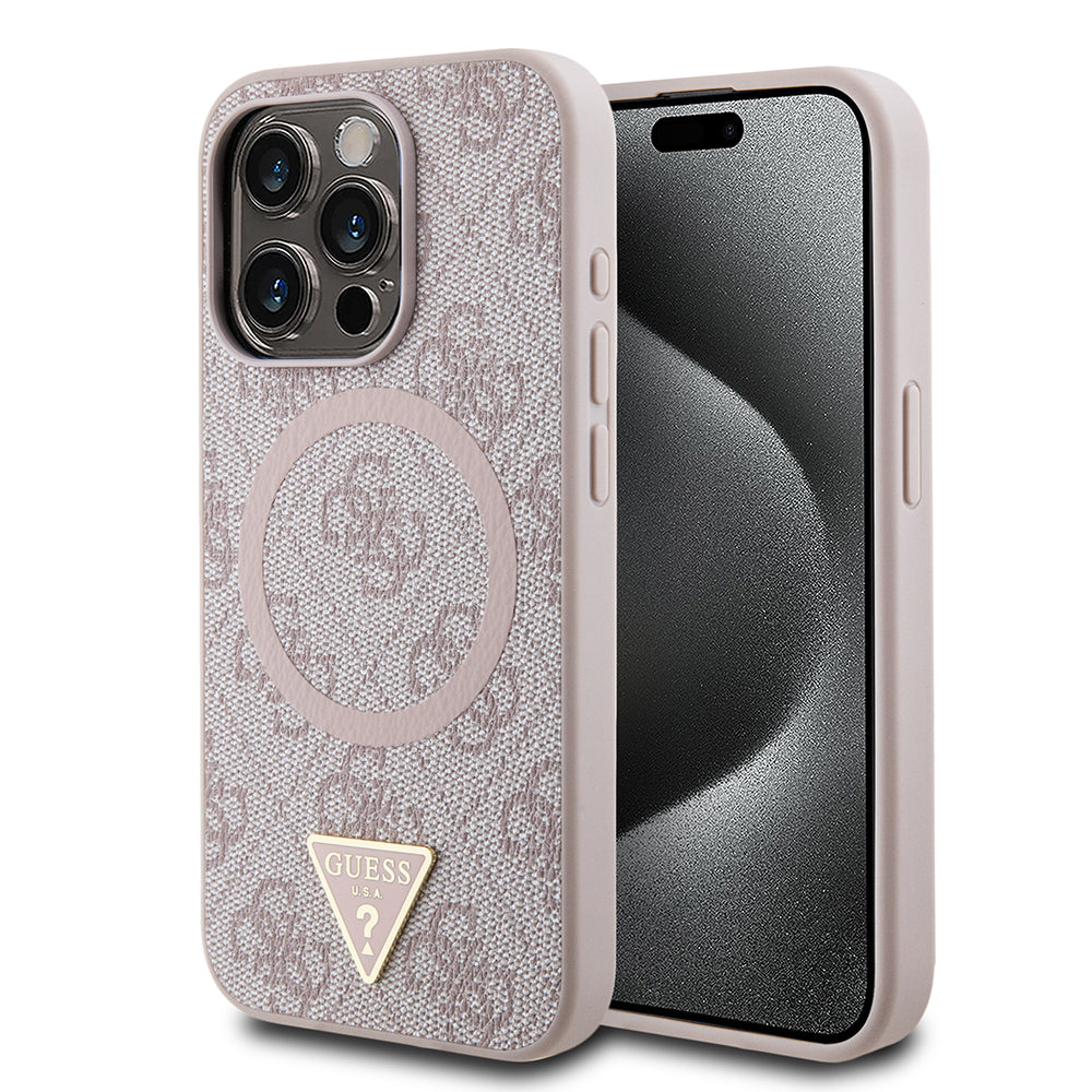iPhone 15 Pro Kılıf Guess Orijinal Lisanslı M-safe Şarj Özellikli PU Üçgen Logo 4G Desenli Kılıf