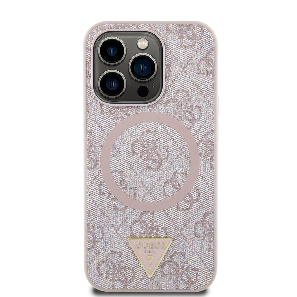 iPhone 15 Pro Kılıf Guess Orijinal Lisanslı M-safe Şarj Özellikli PU Üçgen Logo 4G Desenli Kılıf