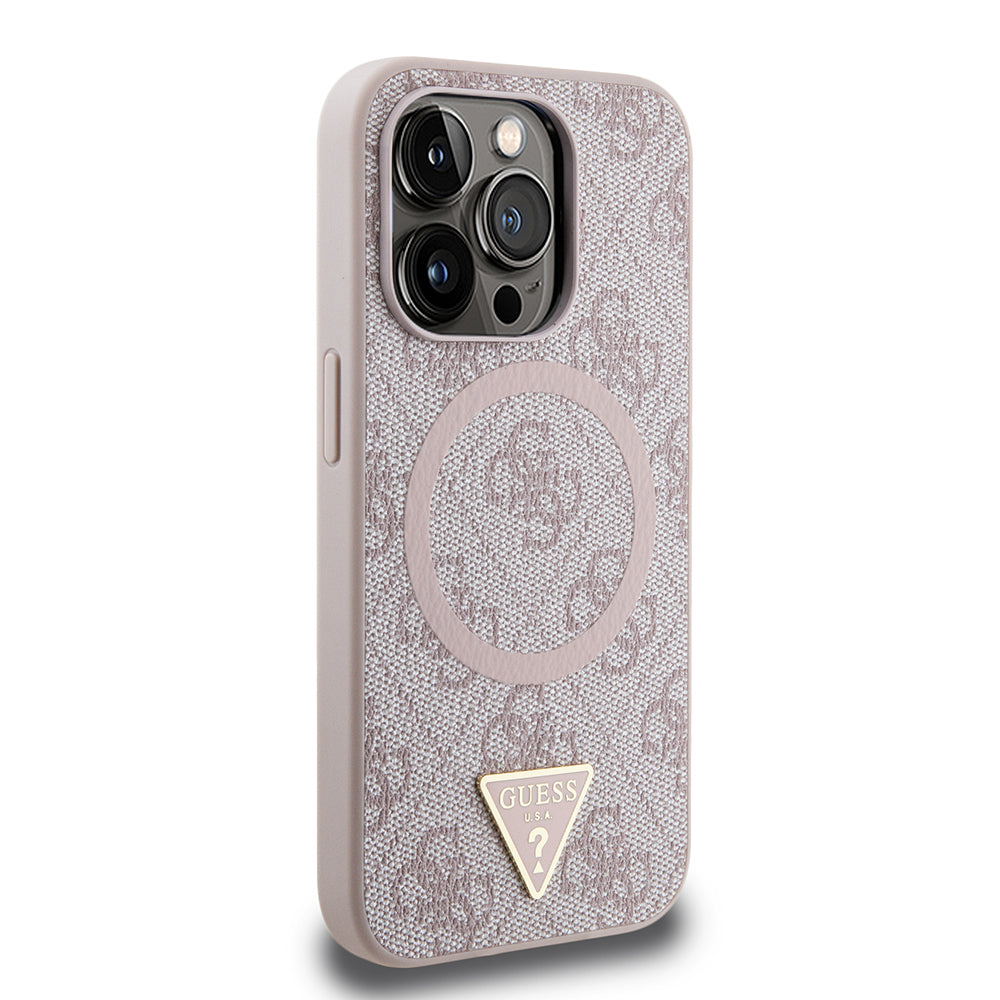 iPhone 15 Pro Kılıf Guess Orijinal Lisanslı M-safe Şarj Özellikli PU Üçgen Logo 4G Desenli Kılıf