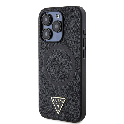 iPhone 15 Pro Kılıf Guess Orijinal Lisanslı M-safe Şarj Özellikli PU Üçgen Logo 4G Desenli Kılıf